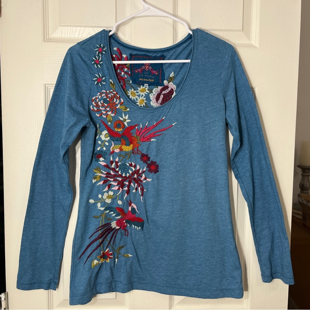Embroidered Bird Floral Long Sleeve Tee - Blue - Picture 4 of 10